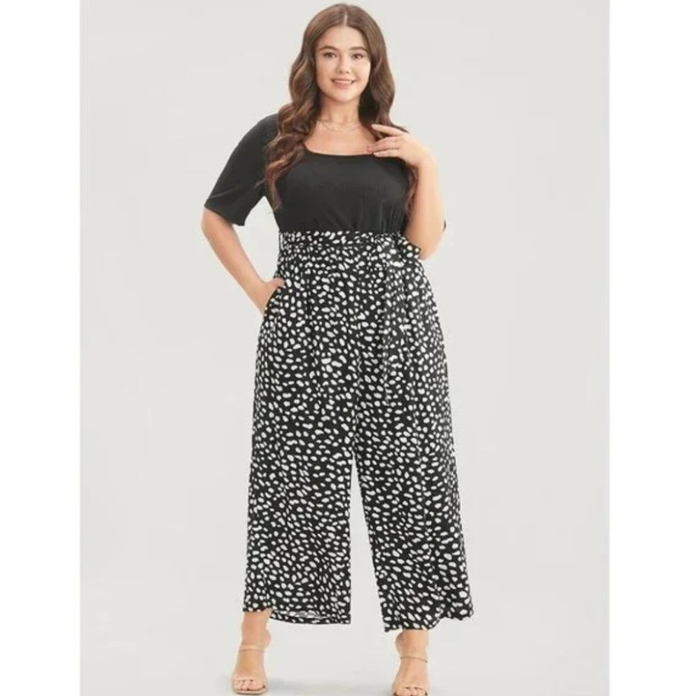 NWT BloomChic Polka Dot Patchwork Belted Pocket Square Neck Jumpsuit 18-20/2X
